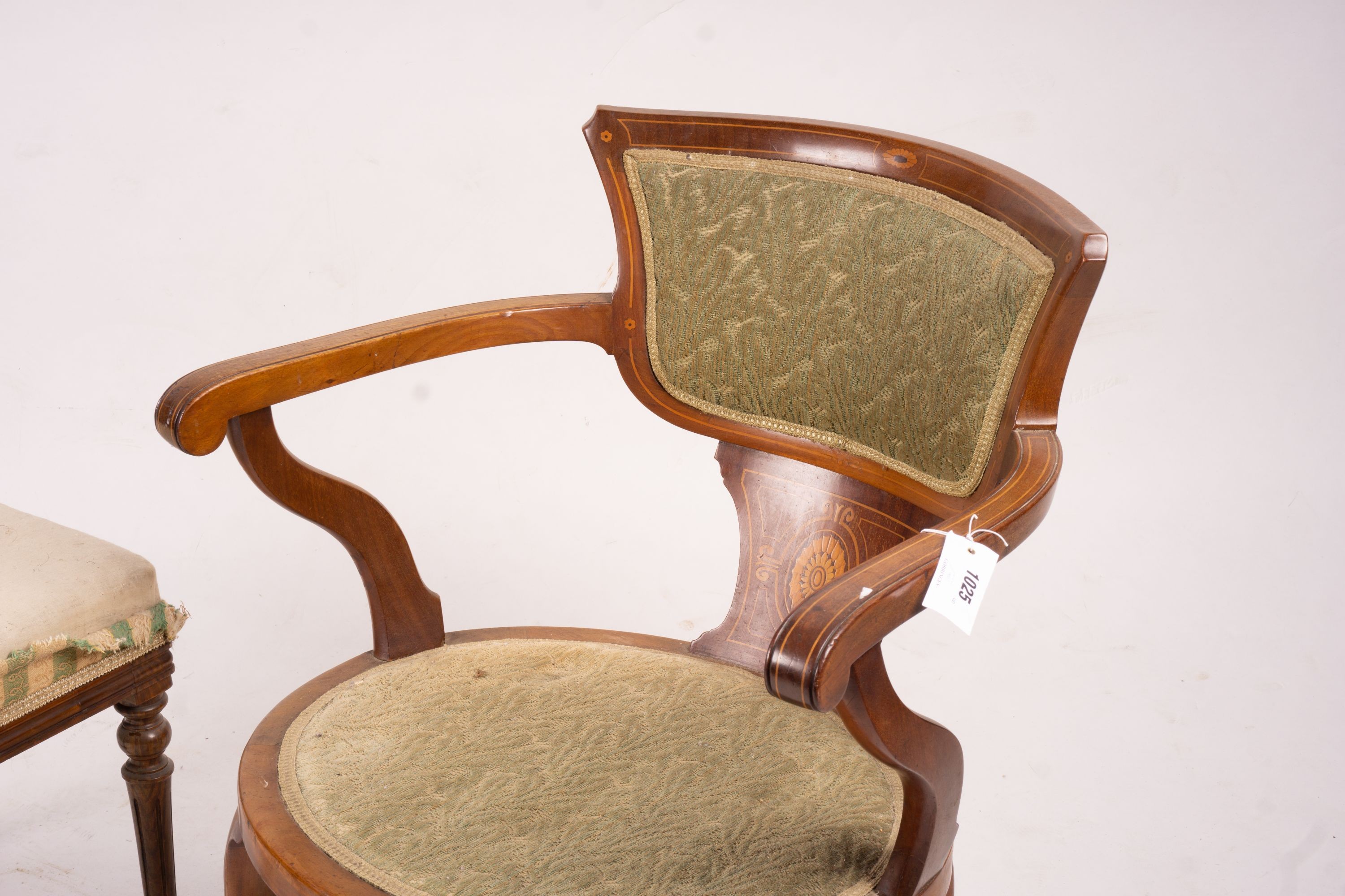 An Edwardian marquetry inlaid mahogany elbow chair and a Victorian dressing stool